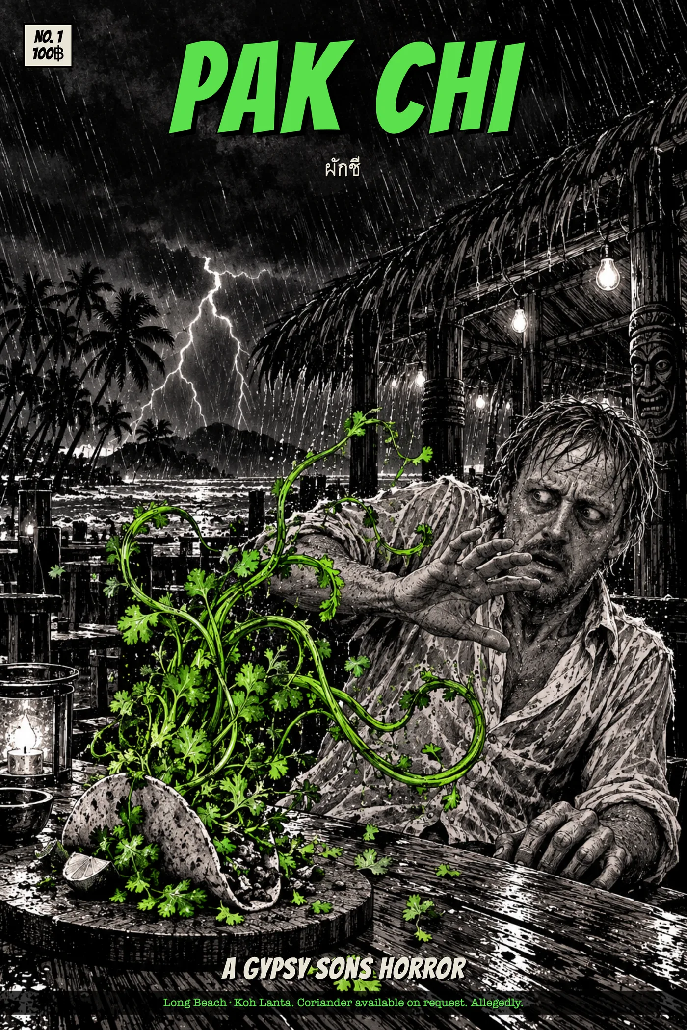 Cover of issue #1, PAK CHI: a soaked man recoils at a beach-bar table as glowing green coriander bursts out of his taco like tentacles, lightning over the sea behind him.