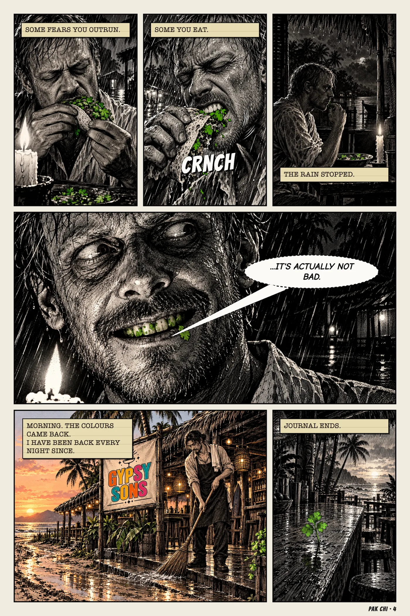 Eyes shut, Jonas lifts the taco. SOME FEARS YOU OUTRUN. He bites. SOME YOU EAT. CRNCH He chews in silence by a single candle. THE RAIN STOPPED. A slow smile spreads. His teeth are green. ...IT'S ACTUALLY NOT BAD. Dawn, in full colour. Chart sweeps the step under the Gypsy Sons sign. MORNING. THE COLOURS CAME BACK. I HAVE BEEN BACK EVERY NIGHT SINCE. One sprig stands on the empty bar, facing you. JOURNAL ENDS.