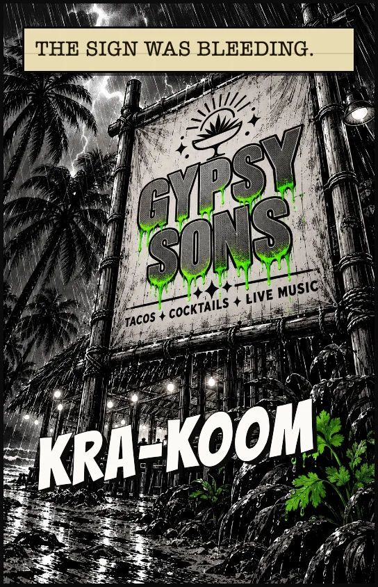 Lightning shows the Gypsy Sons banner. Green paint bleeds from every letter. THE SIGN WAS BLEEDING. KRA-KOOM
