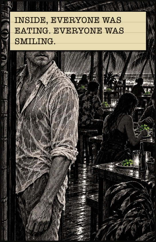 Jonas, soaked, in the doorway. Every plate inside is heaped with green. INSIDE, EVERYONE WAS EATING. EVERYONE WAS SMILING.