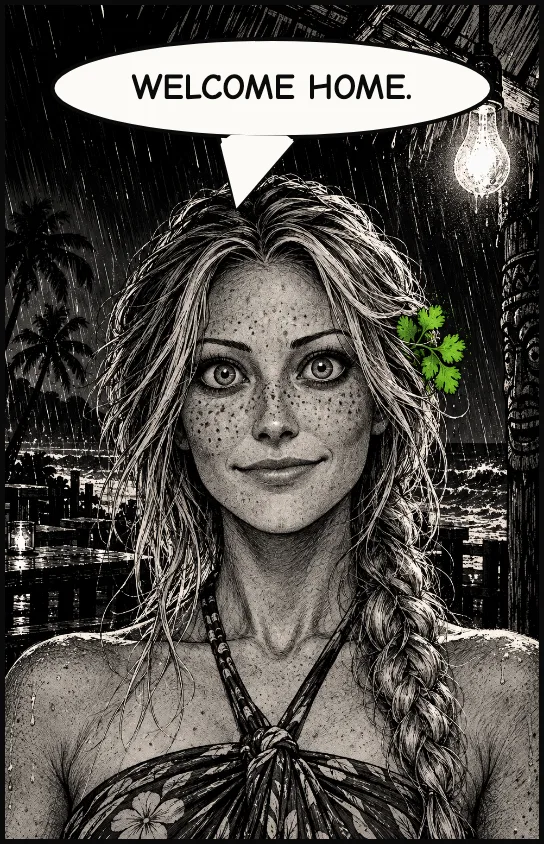 Amanda, fixed smile, a sprig of coriander behind her ear. WELCOME HOME.
