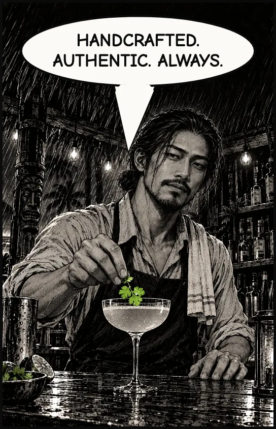 Chart tops a cocktail with one coriander sprig. HANDCRAFTED. AUTHENTIC. ALWAYS.