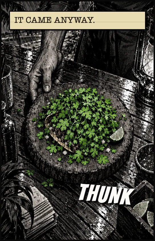 A taco buried under coriander lands on the table. IT CAME ANYWAY. THUNK