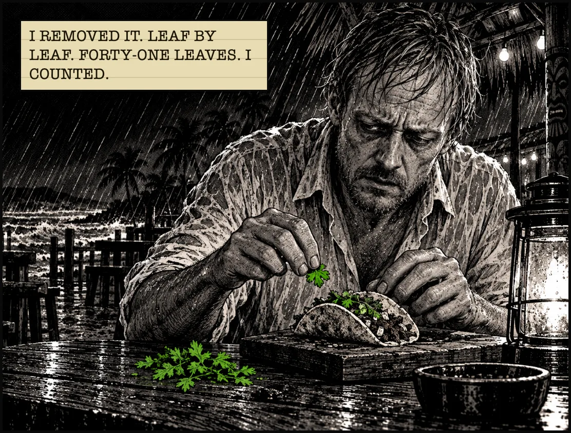 Jonas picks the leaves off, one by one, into a pile. I REMOVED IT. LEAF BY LEAF. FORTY-ONE LEAVES. I COUNTED.