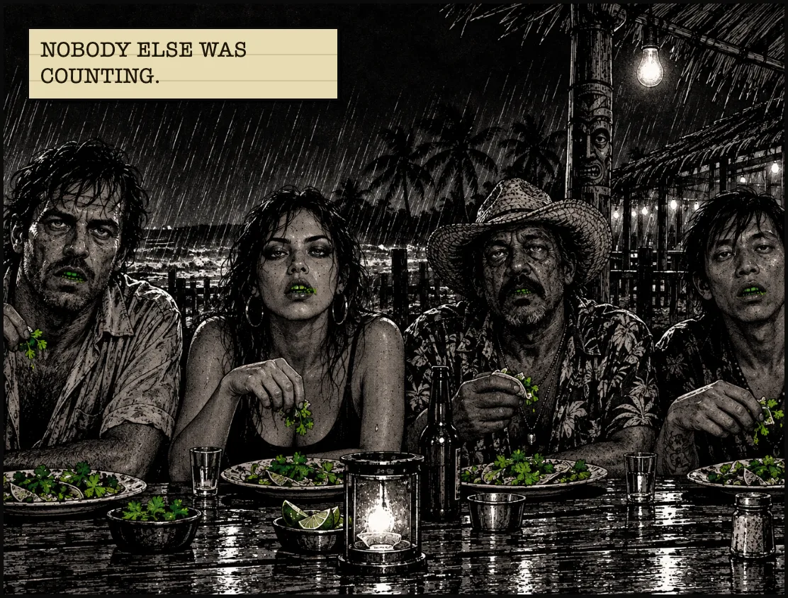 Four diners stare at him, their teeth stained green. NOBODY ELSE WAS COUNTING.