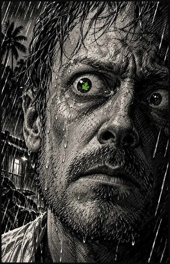 Jonas's face in horror, a leaf reflected in his eye.