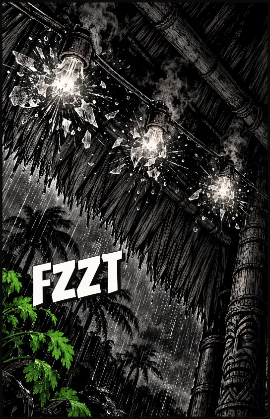 The bulbs under the thatch explode one after another. FZZT