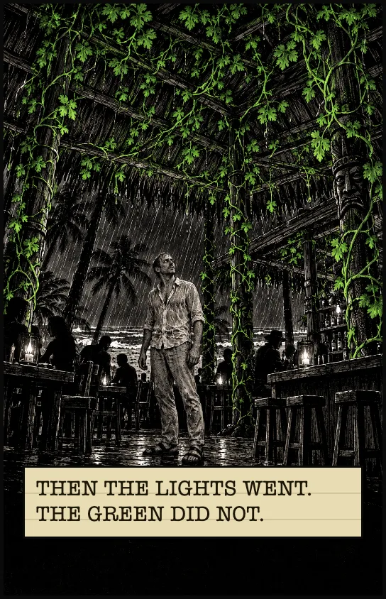 By candlelight, coriander has climbed every bamboo pole. THEN THE LIGHTS WENT. THE GREEN DID NOT.