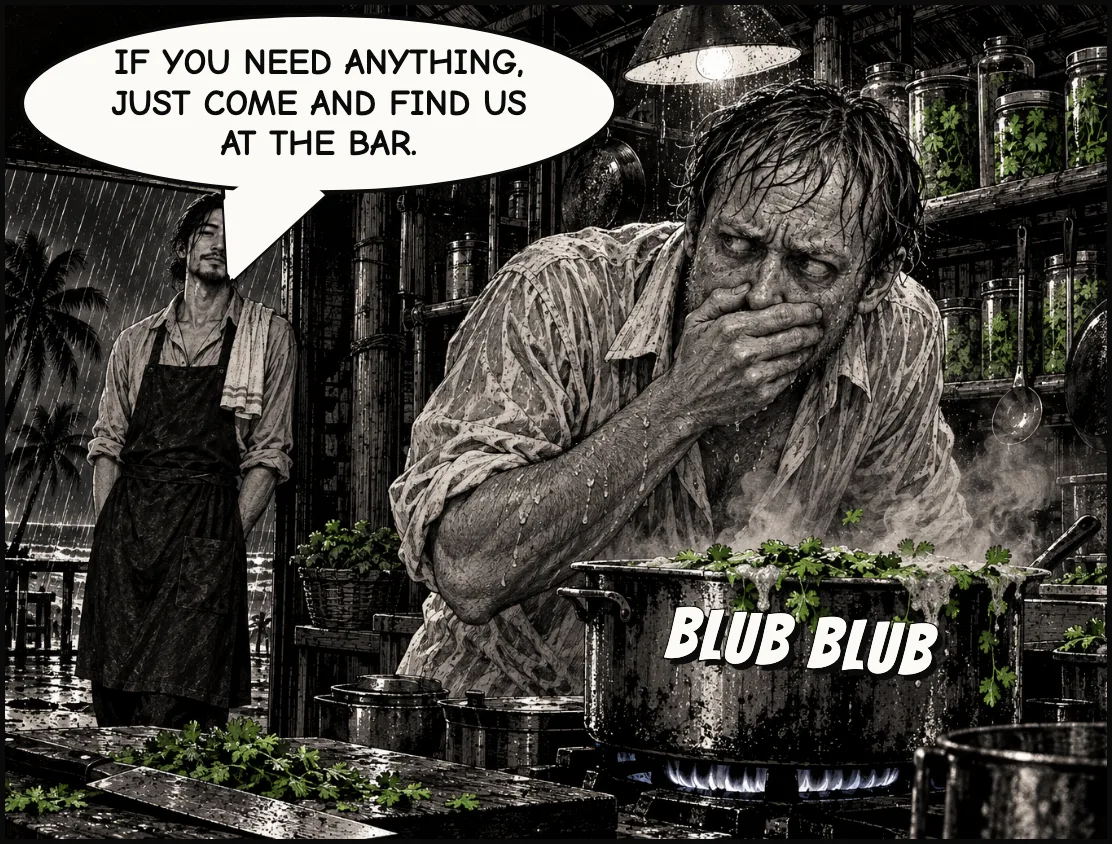 In the kitchen, Jonas gags over a pot boiling with coriander. Chart waits in the doorway. IF YOU NEED ANYTHING, JUST COME AND FIND US AT THE BAR. BLUB BLUB