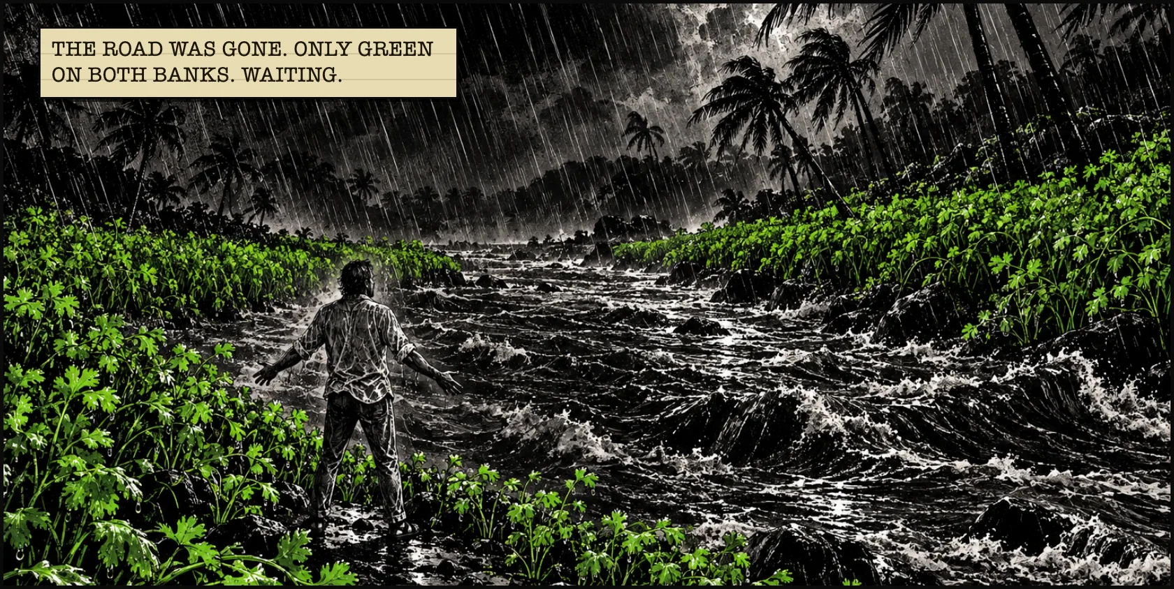 The road is a river. Coriander lines both banks. THE ROAD WAS GONE. ONLY GREEN ON BOTH BANKS. WAITING.