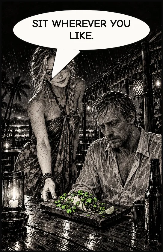 Amanda sets a taco in front of him. SIT WHEREVER YOU LIKE.