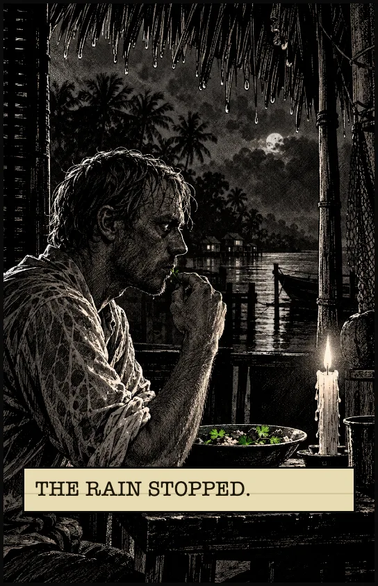 He chews in silence by a single candle. THE RAIN STOPPED.