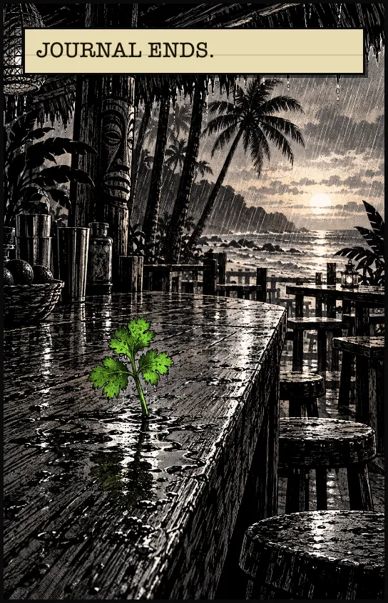 One sprig stands on the empty bar, facing you. JOURNAL ENDS.
